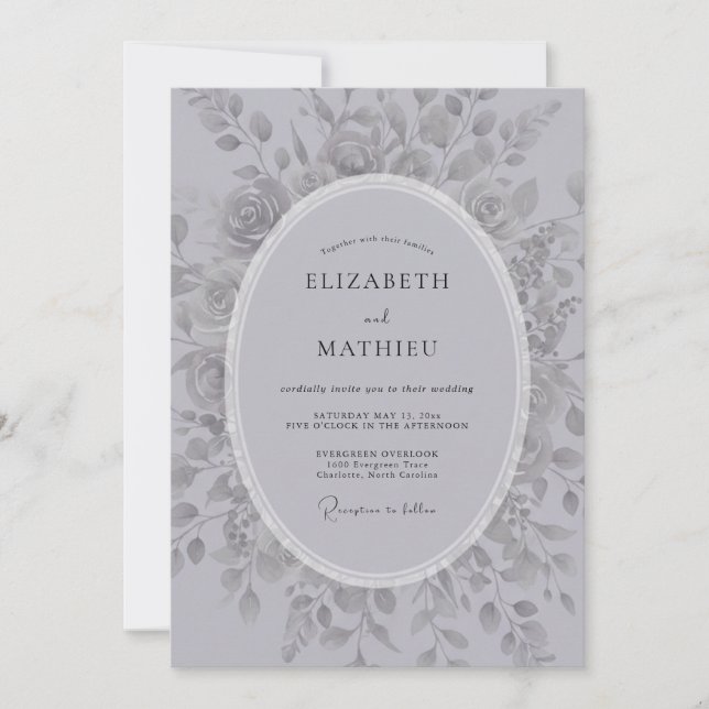 Invitación Boda floral romántica plateada (Anverso)