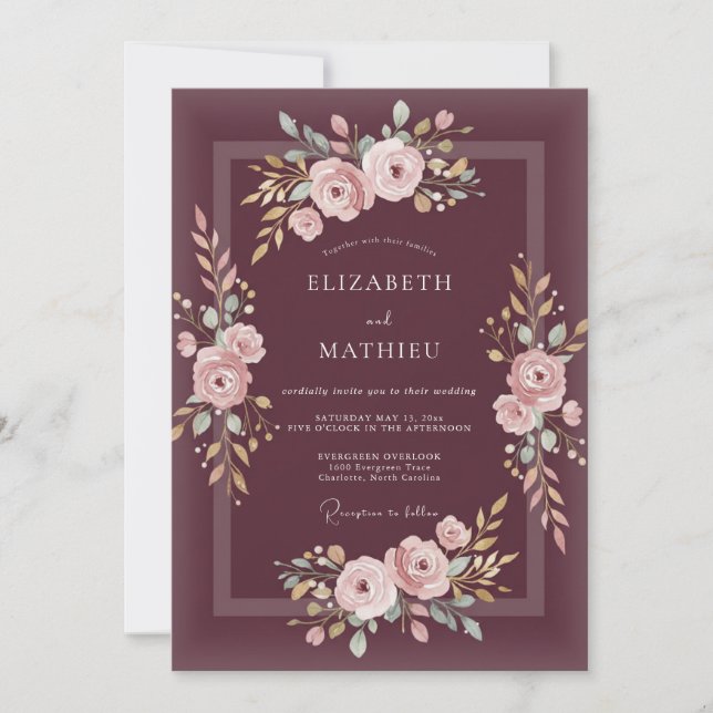 Invitación Boda Floral Romántica Rosa Ciruela (Anverso)