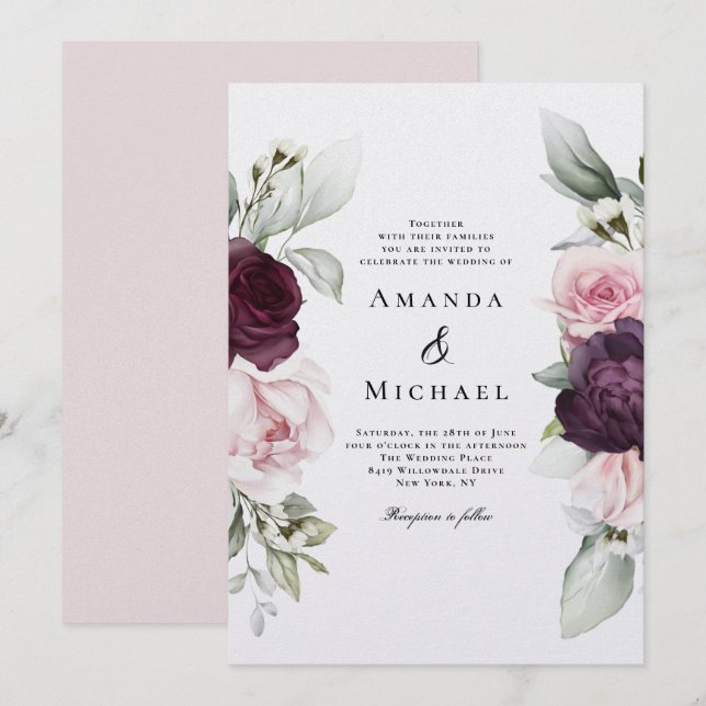 Invitación Boda floral romántica rosa y borgoñona (Anverso / Reverso)