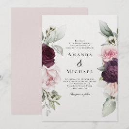Invitación Boda floral romántica rosa y borgoñona