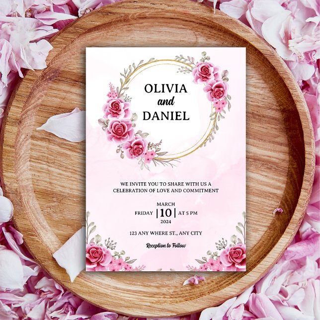 Invitación boda floral romántica Rubor rosa de Borgoña (Subido por el creador)