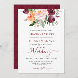 Invitación Boda Floral Romántica Rústica en Burgundy y Rosa