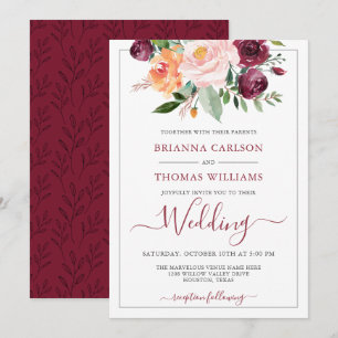 Invitación Boda Floral Romántica Rústica en Burgundy y Rosa