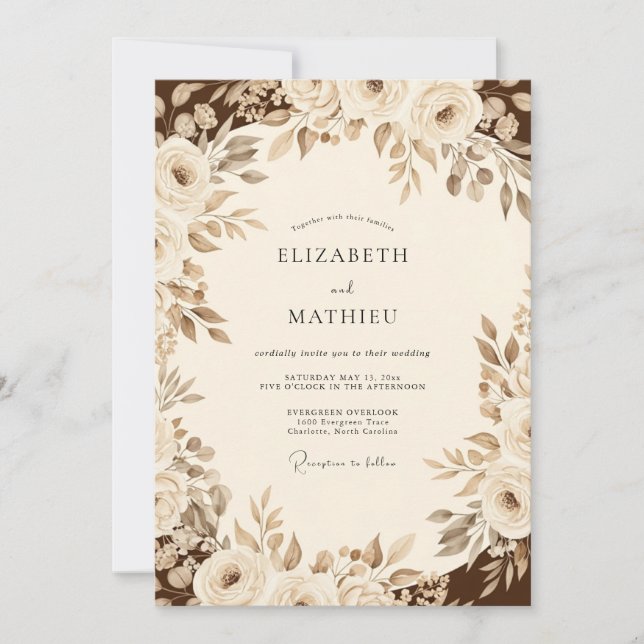 Invitación Boda Floral Romántica Sepia (Anverso)