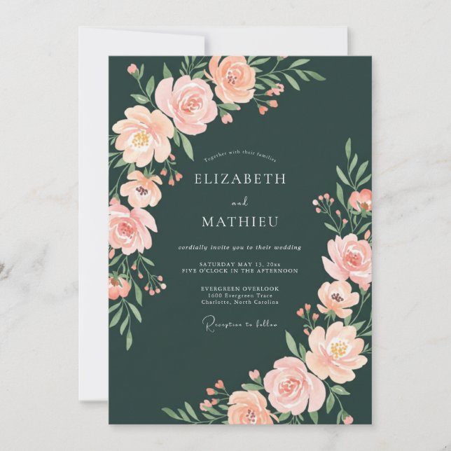 Invitación Boda floral romántica verde bosque melocotón (Anverso)