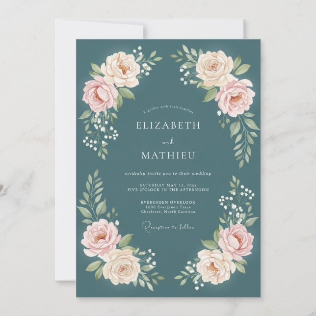 Invitación Boda Floral Romántica Verde Te (Anverso)