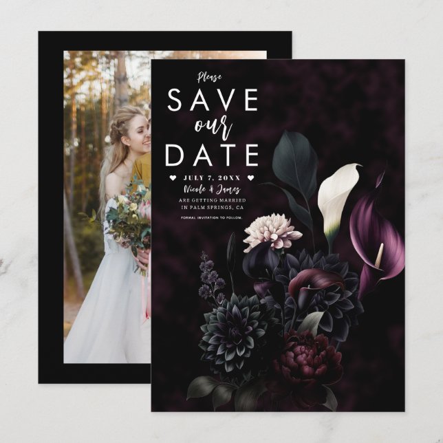 Invitación Boda floral romántica y oscura. Guarda la fecha (Anverso / Reverso)
