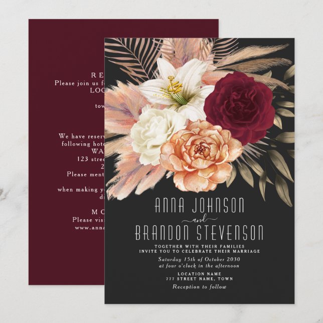 Invitación Boda floral romántica y temperamental (Anverso / Reverso)