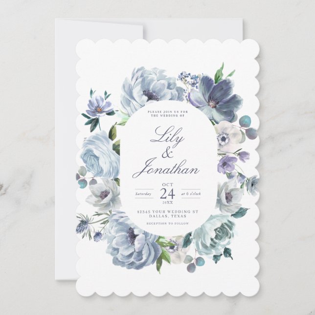 Invitación Boda floral romántico-azul francés (Anverso)