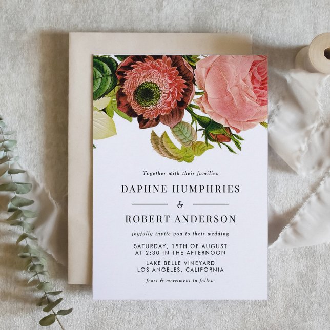 Invitación Boda floral romántico-botánico (Romantic Vintage Botanical Wedding Invitation)