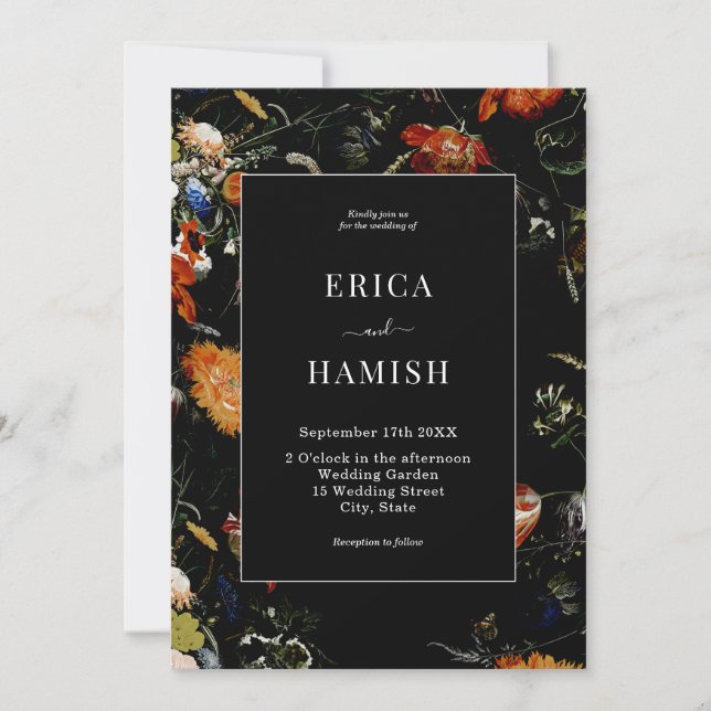 Invitación Boda floral romántico botánico oscuro (Anverso)