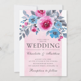 Invitación Boda Floral Romántico De Color Rosa Y Azul