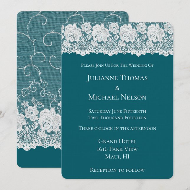 Invitación Boda floral romántico de encaje blanco Verde azula (Anverso / Reverso)