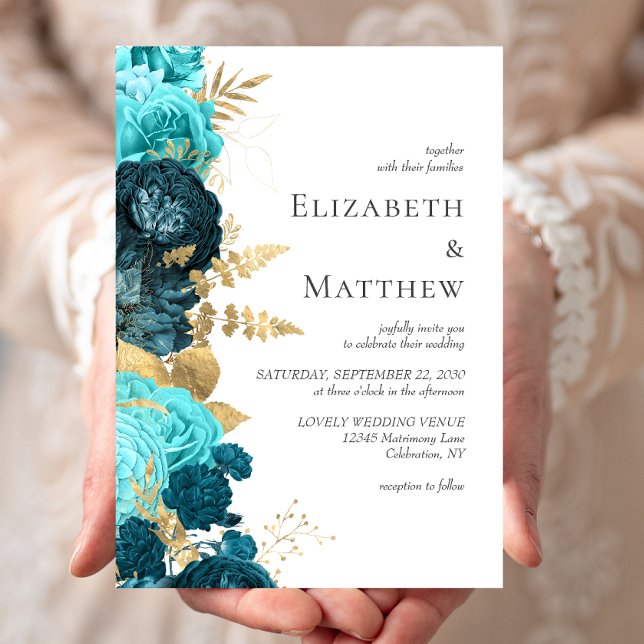 Invitación Boda floral romántico de oro azul Verde azulado (Subido por el creador)