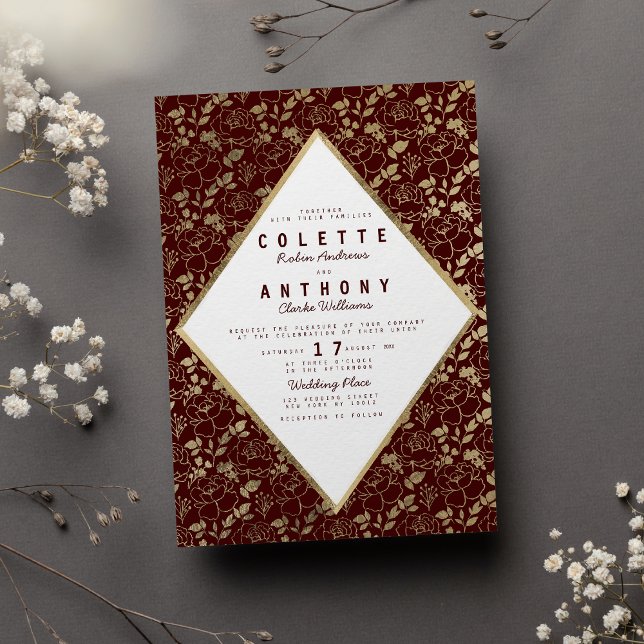 Invitación Boda floral romántico de oro burdeos de lujo (Luxury burgundy gold romantic floral wedding)