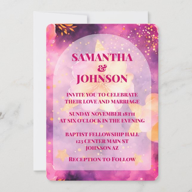Invitación Boda floral romántico de oro magenta rosa (Anverso)