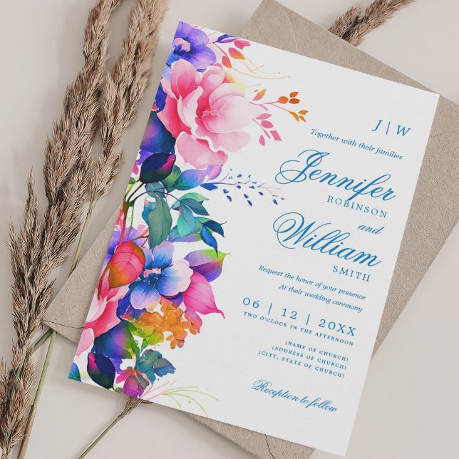 Invitación Boda floral romántico elegante arcoiris naranja (Romantic Floral Wedding Elegant Rainbow Ombre Invitation)