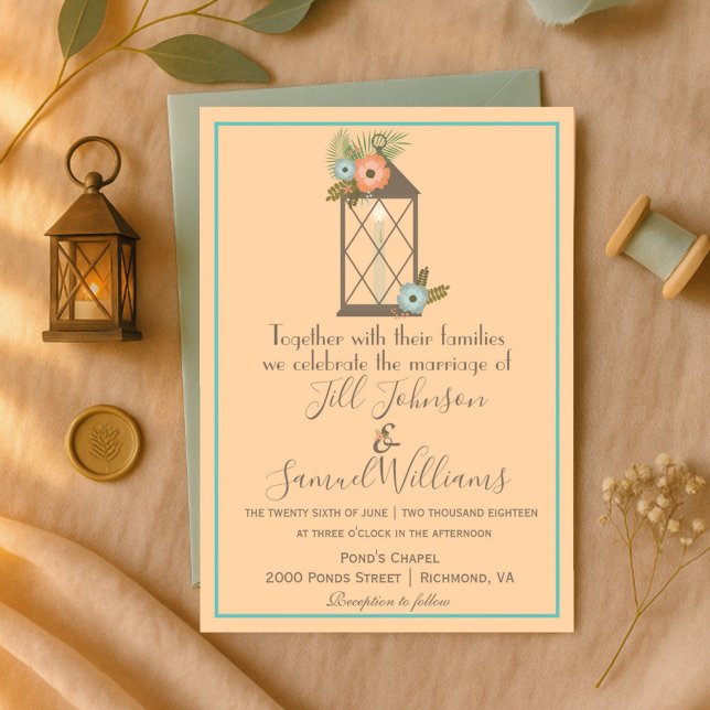 Invitación Boda floral romántico Lantern Soft Peach y Aqua (Subido por el creador)