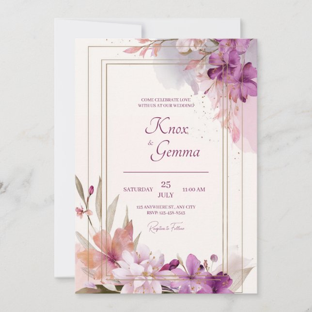 Invitación Boda floral romántico morado (Anverso)