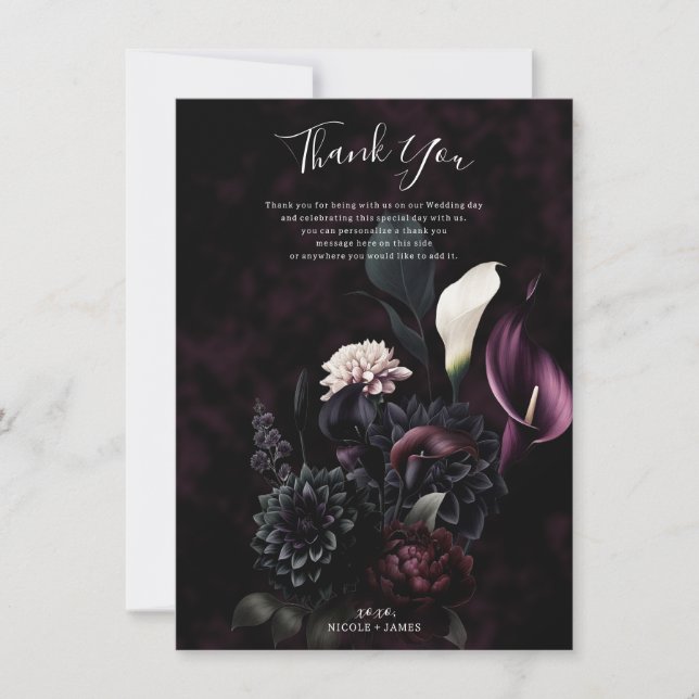 Invitación Boda floral romántico moreno oscuro gracias (Anverso)