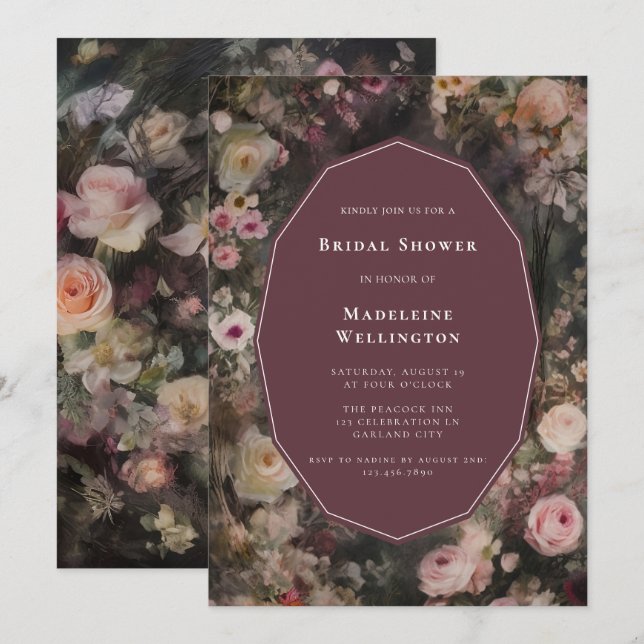 Invitación Boda floral romántico negro Moody ducha de novia (Anverso / Reverso)