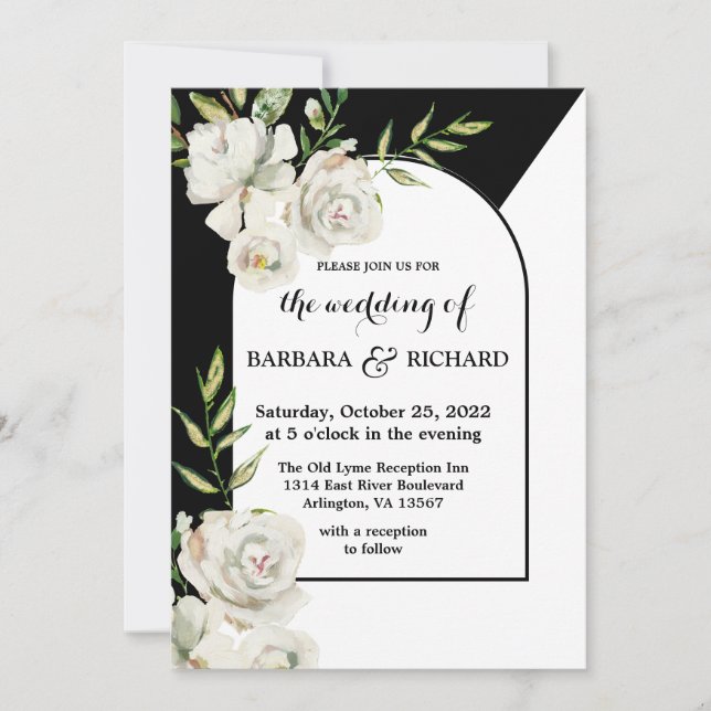 Invitación Boda floral romántico negro y blanco    (Anverso)