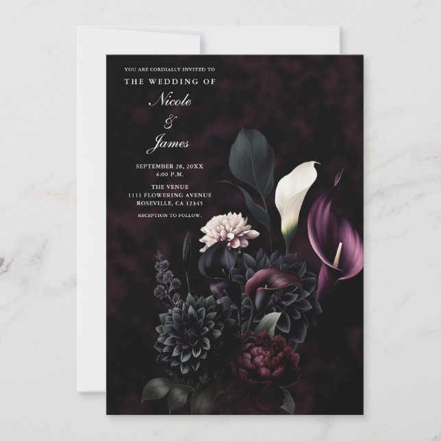 Invitación Boda floral romántico oscuro de Moody (Anverso)