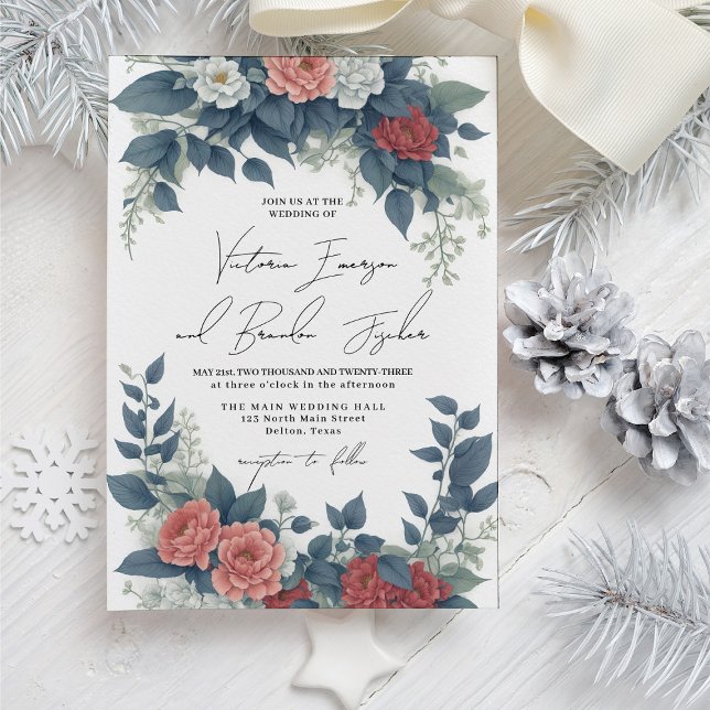 Invitación Boda floral romántico rojo rosa azul invernal (Subido por el creador)