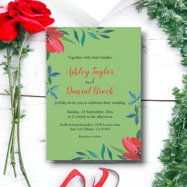 Invitación Boda floral romántico rojo rosa boho verano (Subido por el creador)