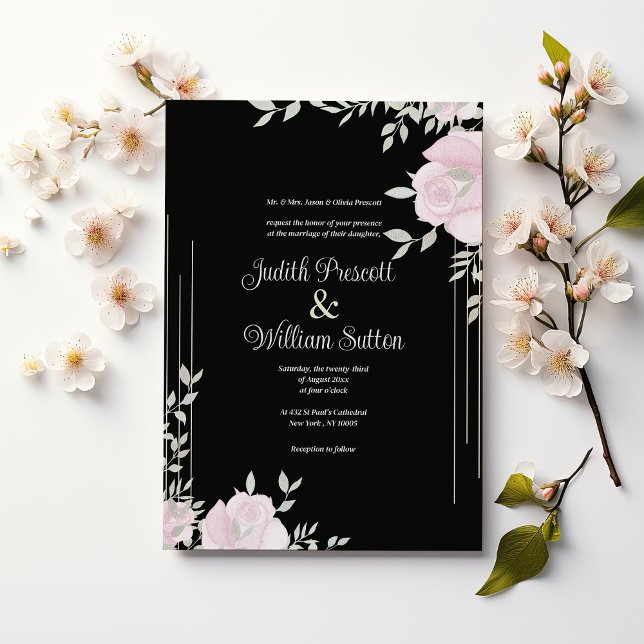 Invitación Boda floral romántico rosa negro de menta botánica (Botanic mint pink black romantic floral wedding )