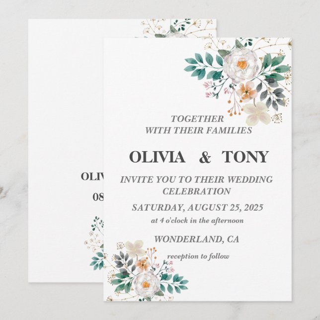 Invitación Boda floral romántico simple (Anverso / Reverso)