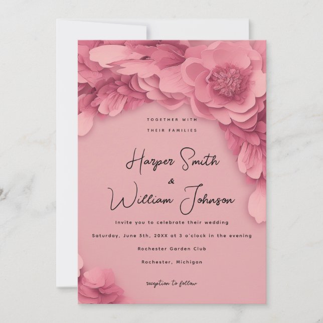 Invitación boda floral rosa 3d (Anverso)