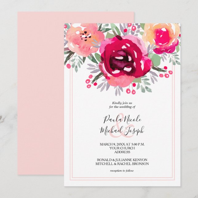 Invitación Boda floral rosa acuarela (Anverso / Reverso)