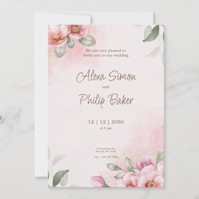 Invitación Boda floral rosa acuarela (Anverso)