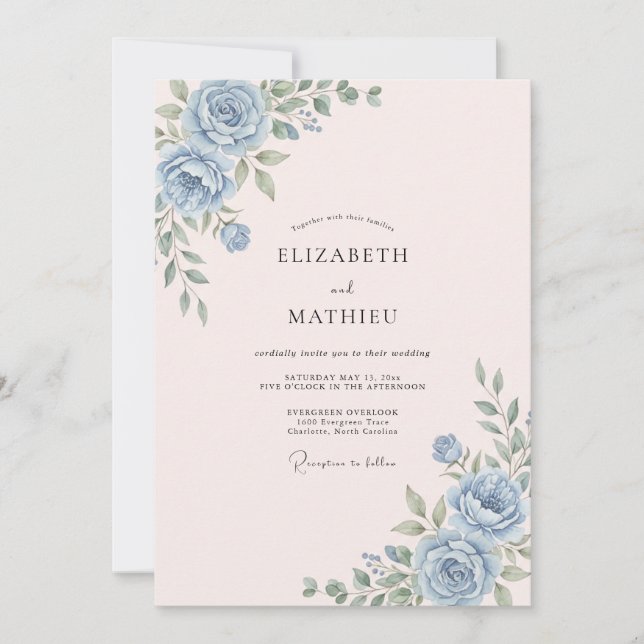 Invitación Boda Floral Rosa Azul (Anverso)