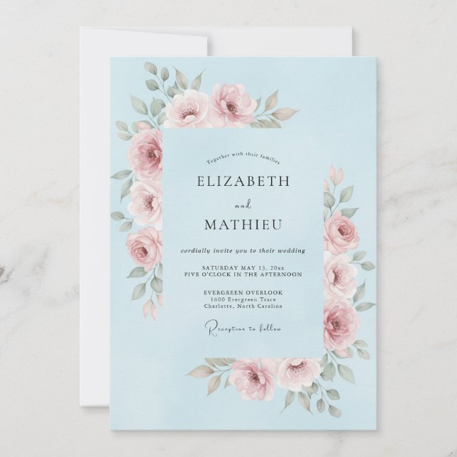 Invitación Boda floral rosa azul claro (Anverso)