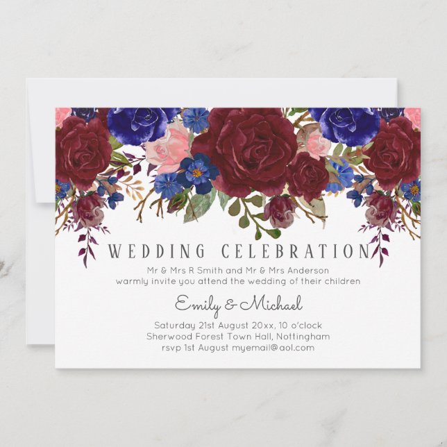 Invitación Boda floral rosa azul de la Marina de Bouquet Mars (Anverso)