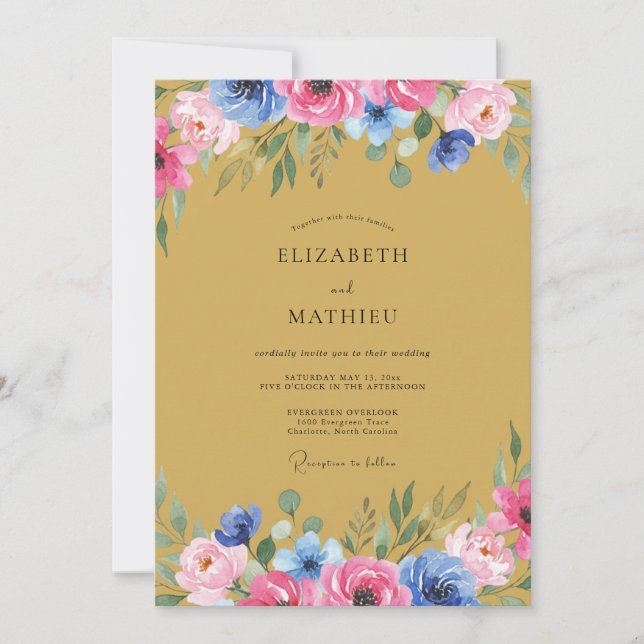Invitación Boda Floral Rosa Azul Florece (Anverso)