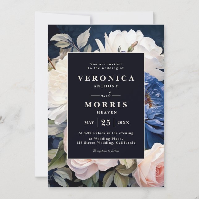 Invitación Boda floral rosa azul marino y turbio Rubor (Anverso)