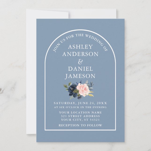 Invitación Boda floral rosa azul, moderno y elegante arco (Anverso)