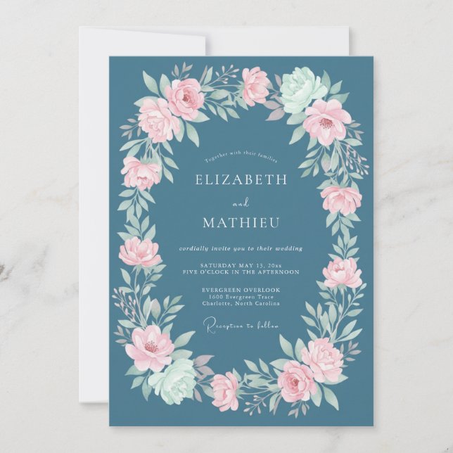 Invitación Boda Floral Rosa Azul Pizarra (Anverso)