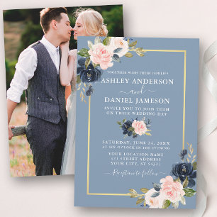 Invitación Boda Floral Rosa Azul Polvoriento Dorado Foto