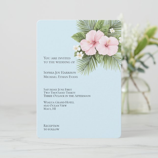 Invitación Boda floral rosa azul tropical Hibiscus (Anverso de pie)