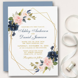 Invitación Boda floral rosa azul turbio de oro geométrico