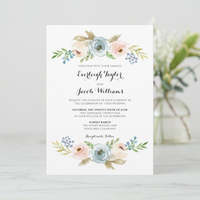 Invitación Boda floral rosa azul turbio y Rubor (Anverso de pie)