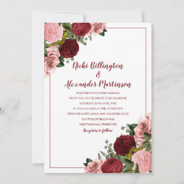 Invitación Boda Floral Rosa Beige Borgoña Rústica Blanca