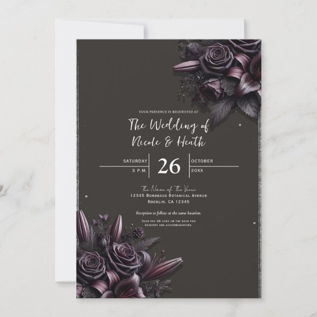 Invitación Boda floral Rosa Berry Purple & Black Lily (Anverso)