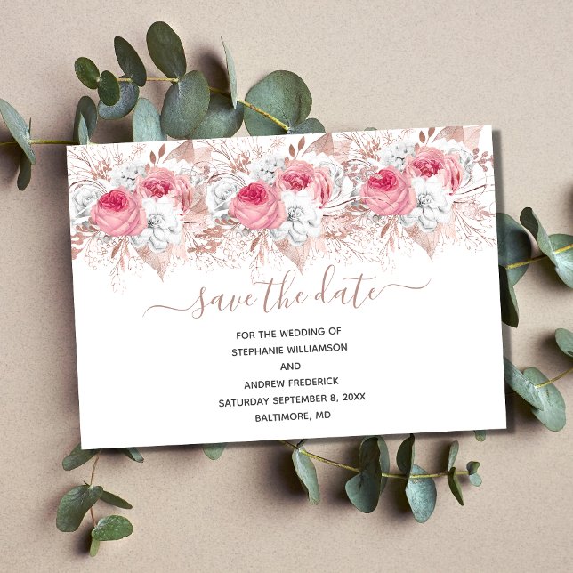 Invitación Boda floral rosa blanca de oro salva la fecha (Pink White Rose Gold Floral Wedding Save The Date Card)