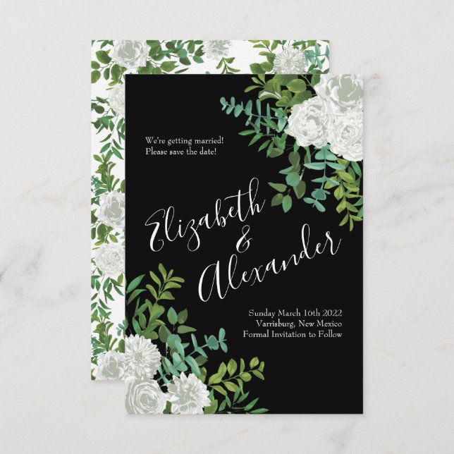 Invitación Boda floral rosa blanca y negra (Anverso / Reverso)