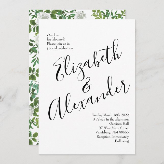 Invitación Boda floral rosa blanca y negra (Anverso / Reverso)